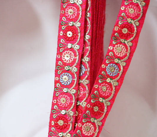 1 yard-Bright red floral thread embroidery ribbon on red fabric-ribbons for bows-Blue, fuchsia pink, cream green leaf-sequin highlights