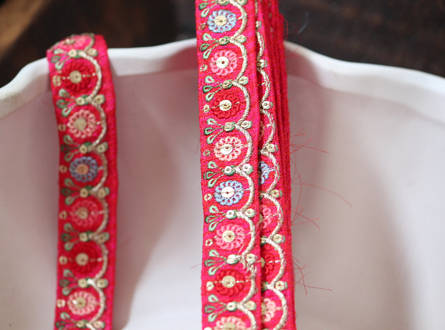 1 yard-Bright red floral thread embroidery ribbon on red fabric-ribbons for bows-Blue, fuchsia pink, cream green leaf-sequin highlights