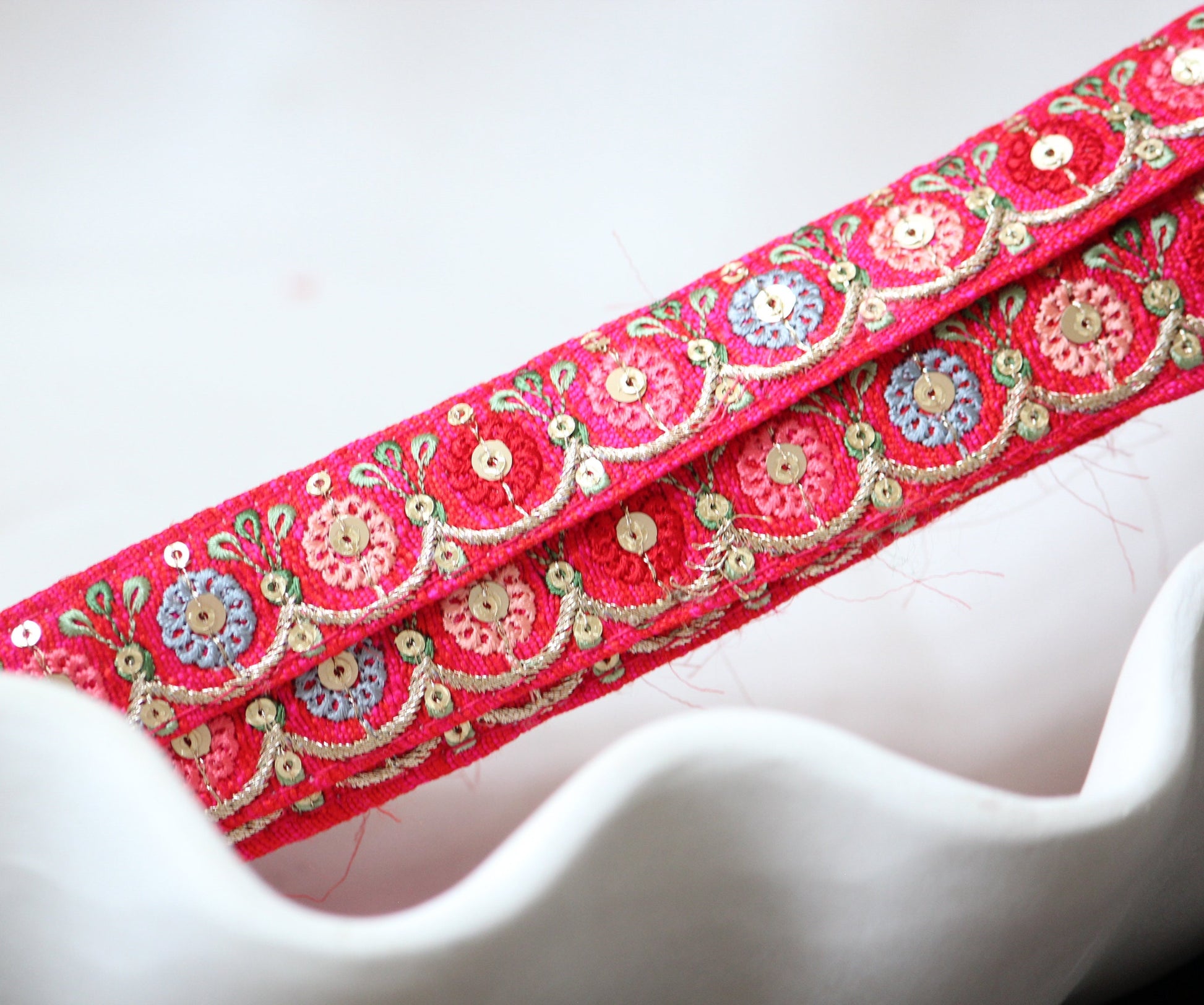1 yard-Bright red floral thread embroidery ribbon on red fabric-ribbons for bows-Blue, fuchsia pink, cream green leaf-sequin highlights