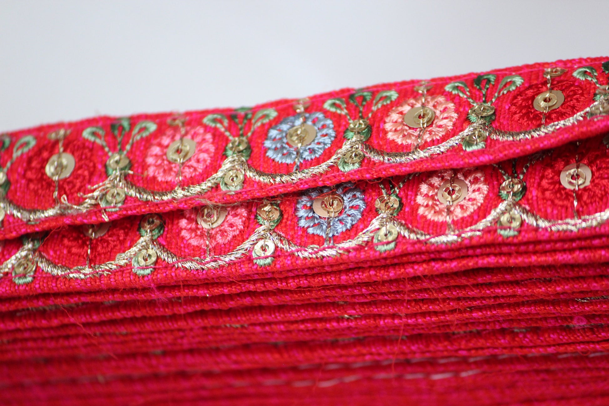 1 yard-Bright red floral thread embroidery ribbon on red fabric-ribbons for bows-Blue, fuchsia pink, cream green leaf-sequin highlights