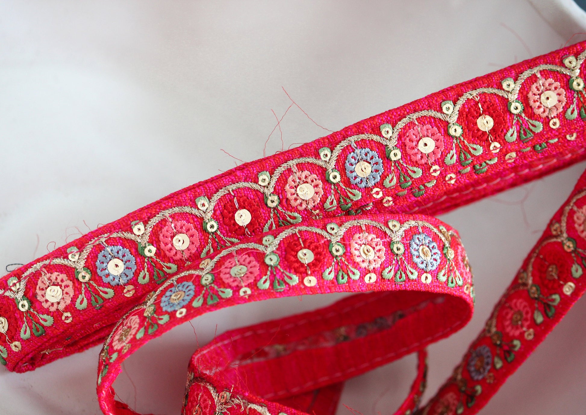 1 yard-Bright red floral thread embroidery ribbon on red fabric-ribbons for bows-Blue, fuchsia pink, cream green leaf-sequin highlights