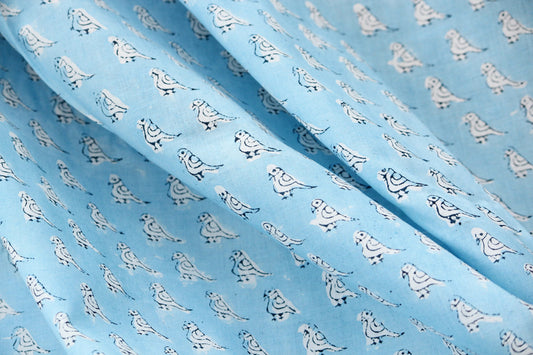 1 yard-Sky Blue bird motif hand printed cotton fabric by the yard-parrot bird ditsy print in light blue-small white bird motif print