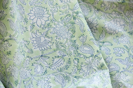 1 yard-light green floral motif hand printed cotton fabric by the yard-white floral print in light green base-delicate floral vine print