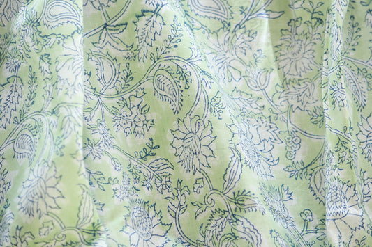 1 yard-light green floral motif hand printed cotton fabric by the yard-white floral print in light green base-delicate floral vine print