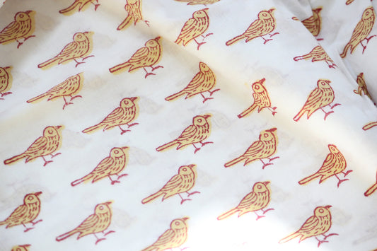 1 yard-chrome yellow bird motif hand printed cotton fabric-white sparrow bird print in off-white base-minimalistic yellow bird print