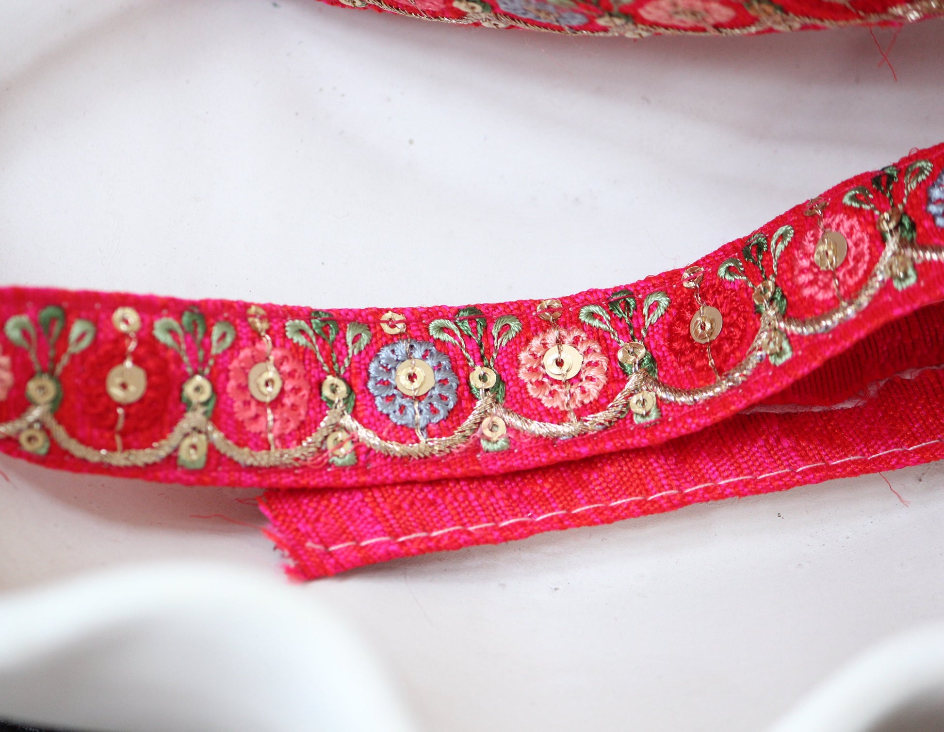1 yard-Bright red floral thread embroidery ribbon on red fabric-ribbons for bows-Blue, fuchsia pink, cream green leaf-sequin highlights