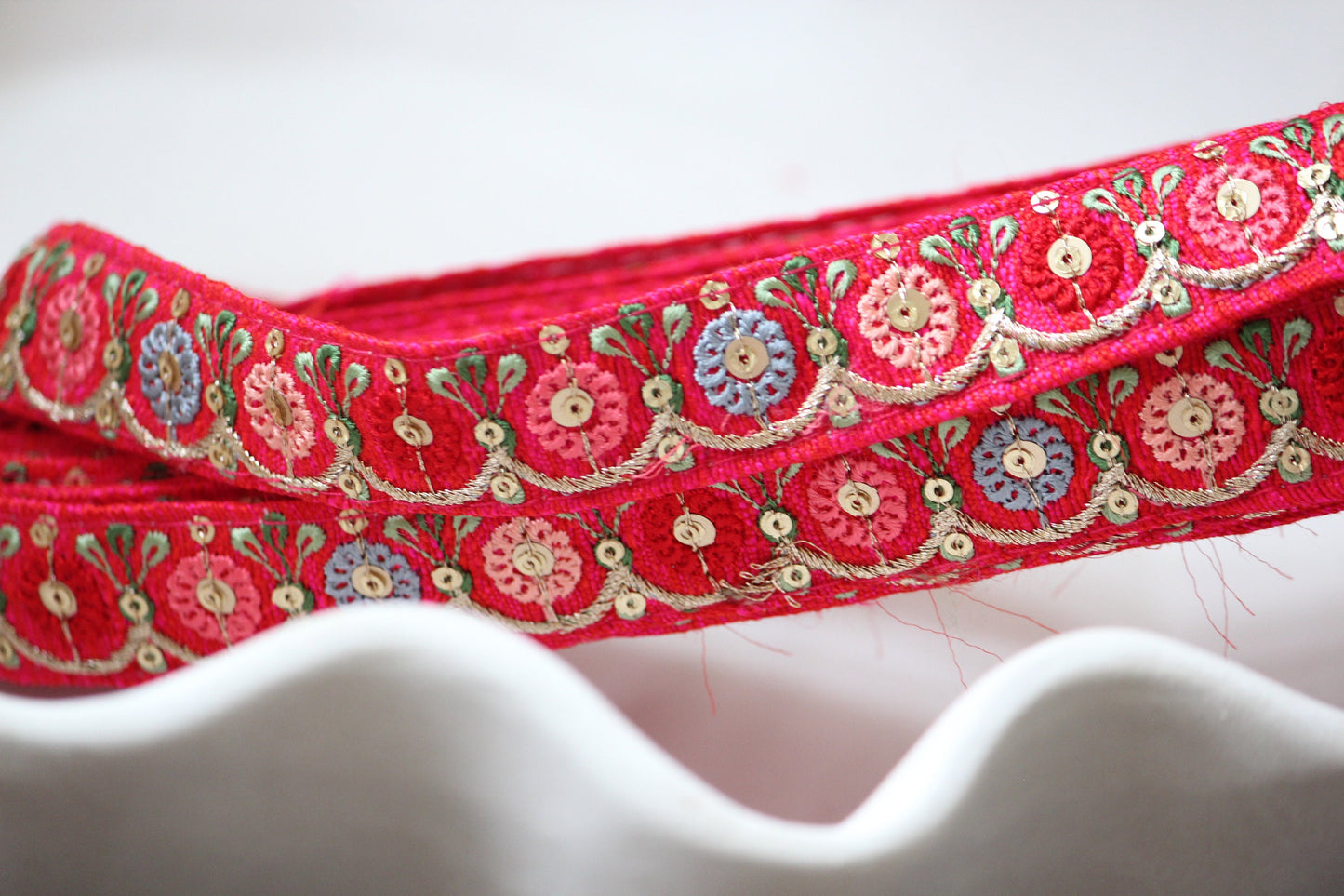 1 yard-Bright red floral thread embroidery ribbon on red fabric-ribbons for bows-Blue, fuchsia pink, cream green leaf-sequin highlights