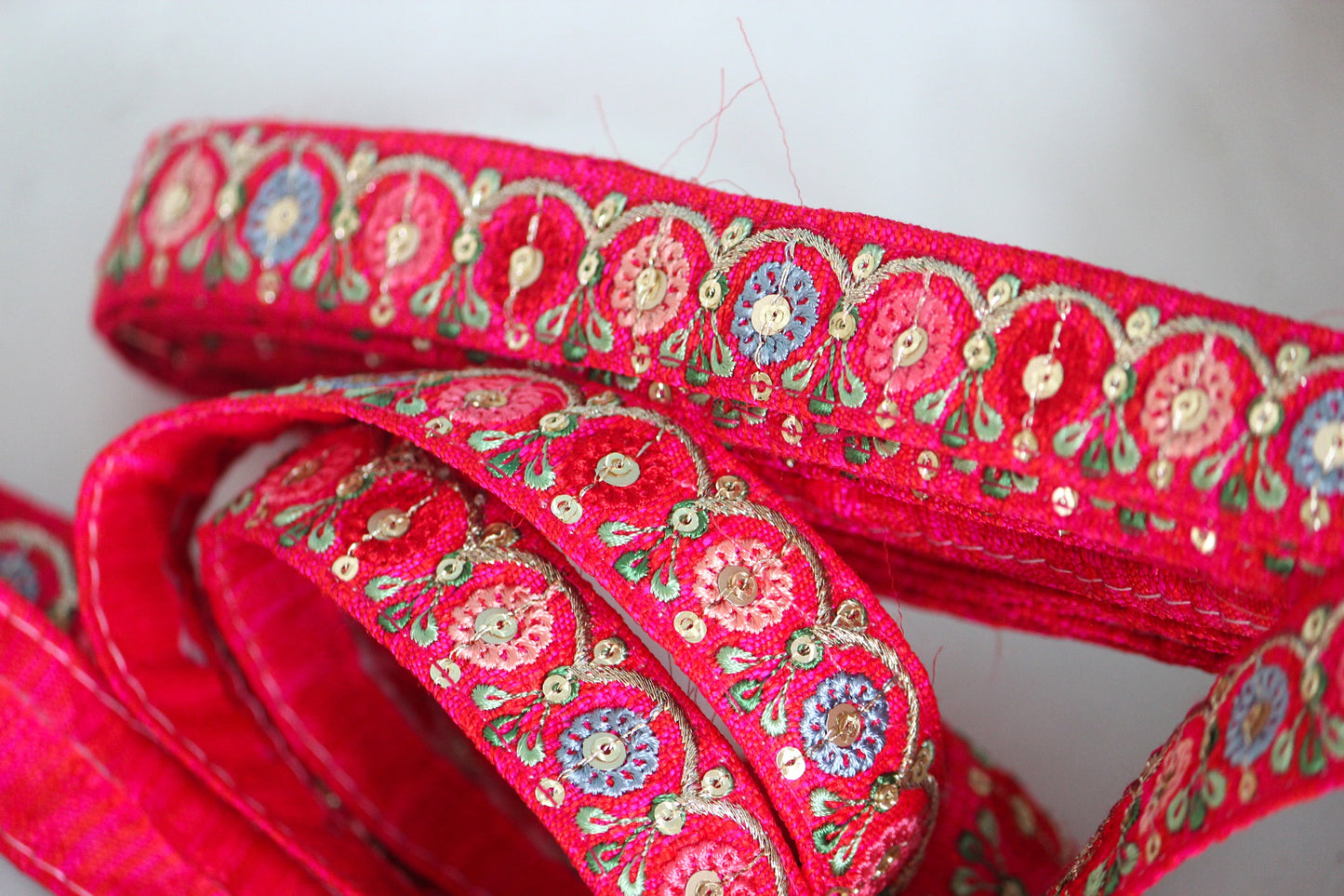 1 yard-Bright red floral thread embroidery ribbon on red fabric-ribbons for bows-Blue, fuchsia pink, cream green leaf-sequin highlights