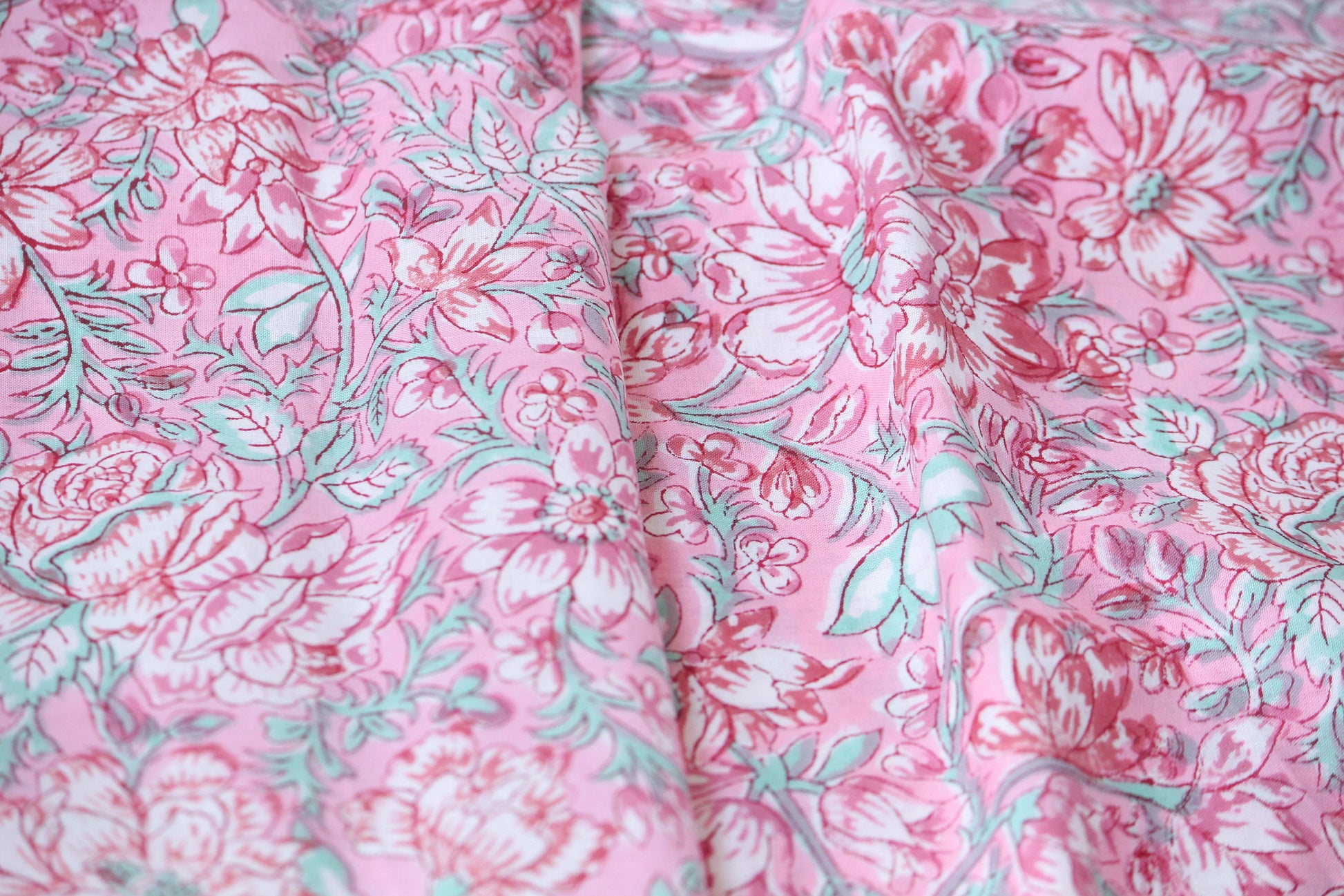 1 yard-Candy pink and aqua floral vines hand printed cotton fabric-bright rose pink with aqua and red foliage kids dress and decor