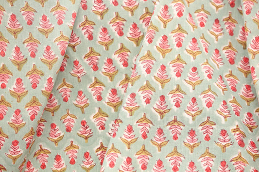 1 yard-Green with red pink small motifs hand printed cotton fabric-peach pink red on green background kids dress/decor/quilting