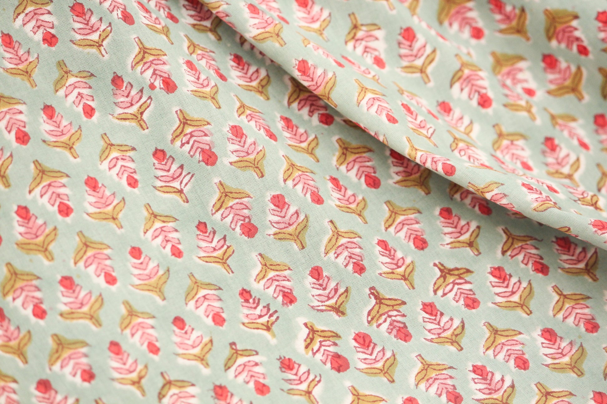 1 yard-Green with red pink small motifs hand printed cotton fabric-peach pink red on green background kids dress/decor/quilting