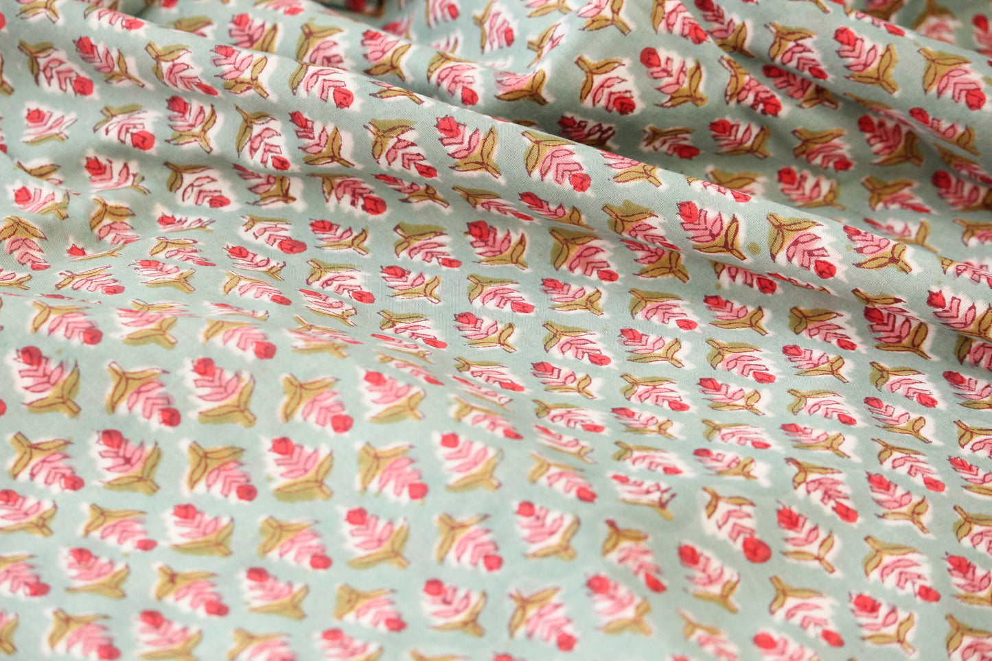 1 yard-Green with red pink small motifs hand printed cotton fabric-peach pink red on green background kids dress/decor/quilting