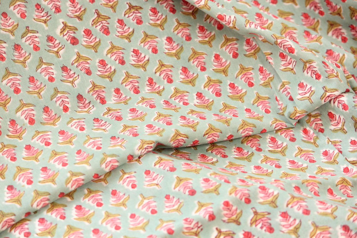 1 yard-Green with red pink small motifs hand printed cotton fabric-peach pink red on green background kids dress/decor/quilting