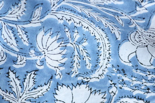 1 yard-Dusty blue floral hand printed cotton voile fabric-light blue print on white background -girls dress fabric/quilting/decor