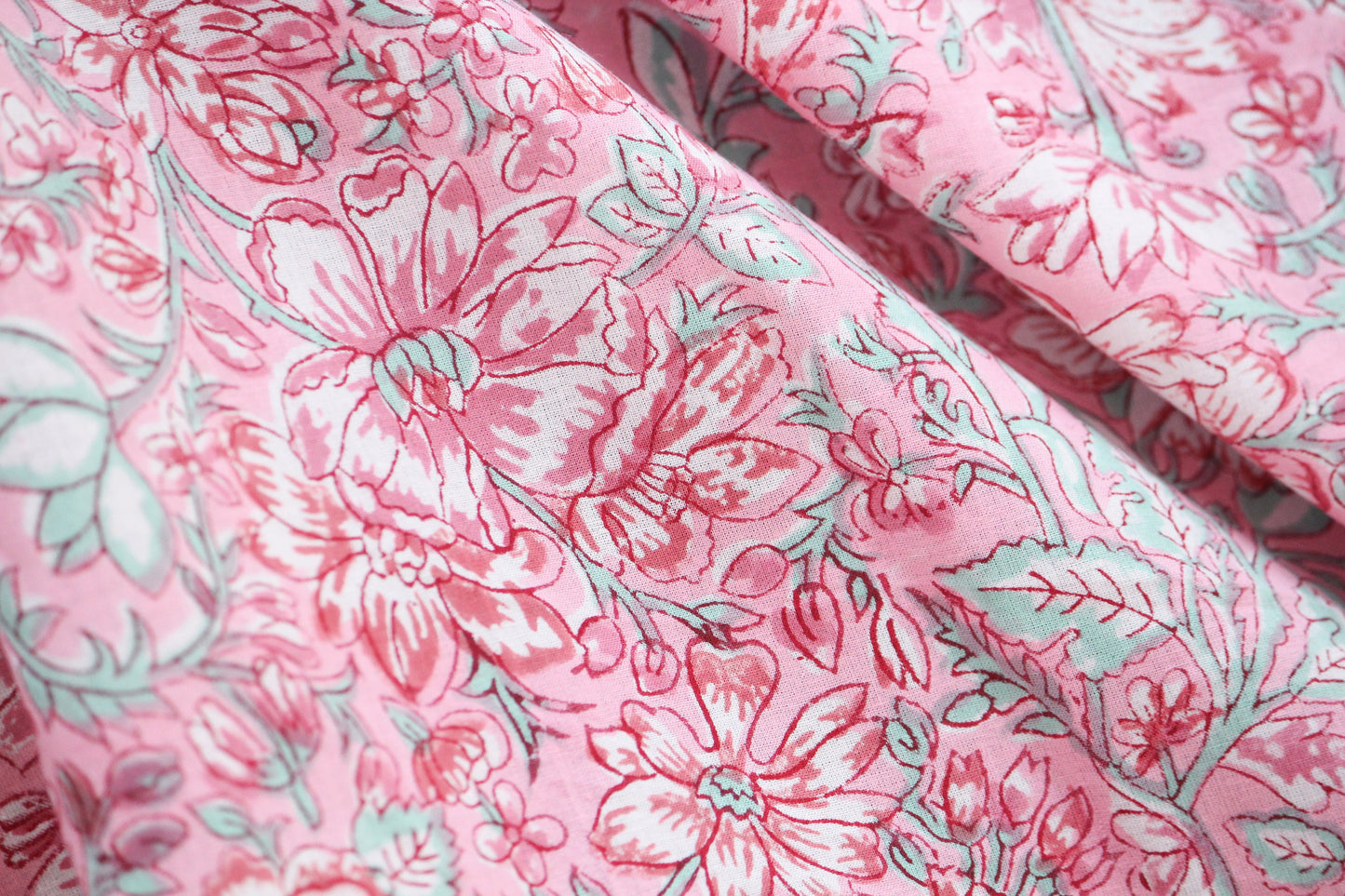 1 yard-Candy pink and aqua floral vines hand printed cotton fabric-bright rose pink with aqua and red foliage kids dress and decor