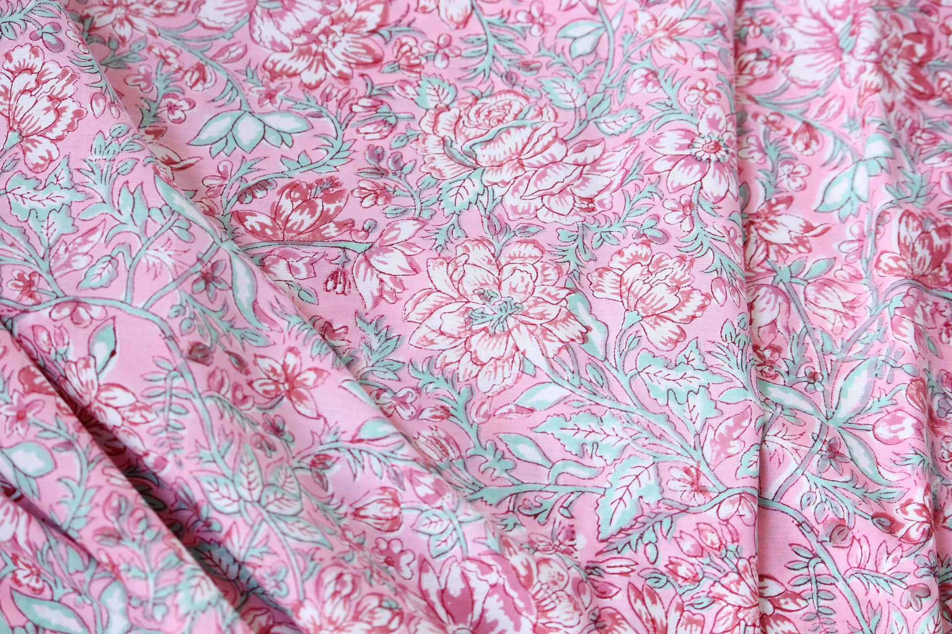 1 yard-Candy pink and aqua floral vines hand printed cotton fabric-bright rose pink with aqua and red foliage kids dress and decor