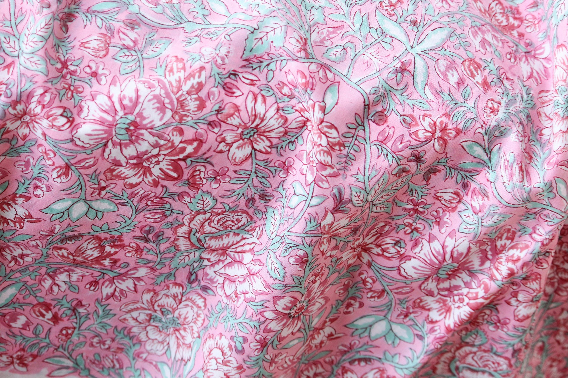 1 yard-Candy pink and aqua floral vines hand printed cotton fabric-bright rose pink with aqua and red foliage kids dress and decor