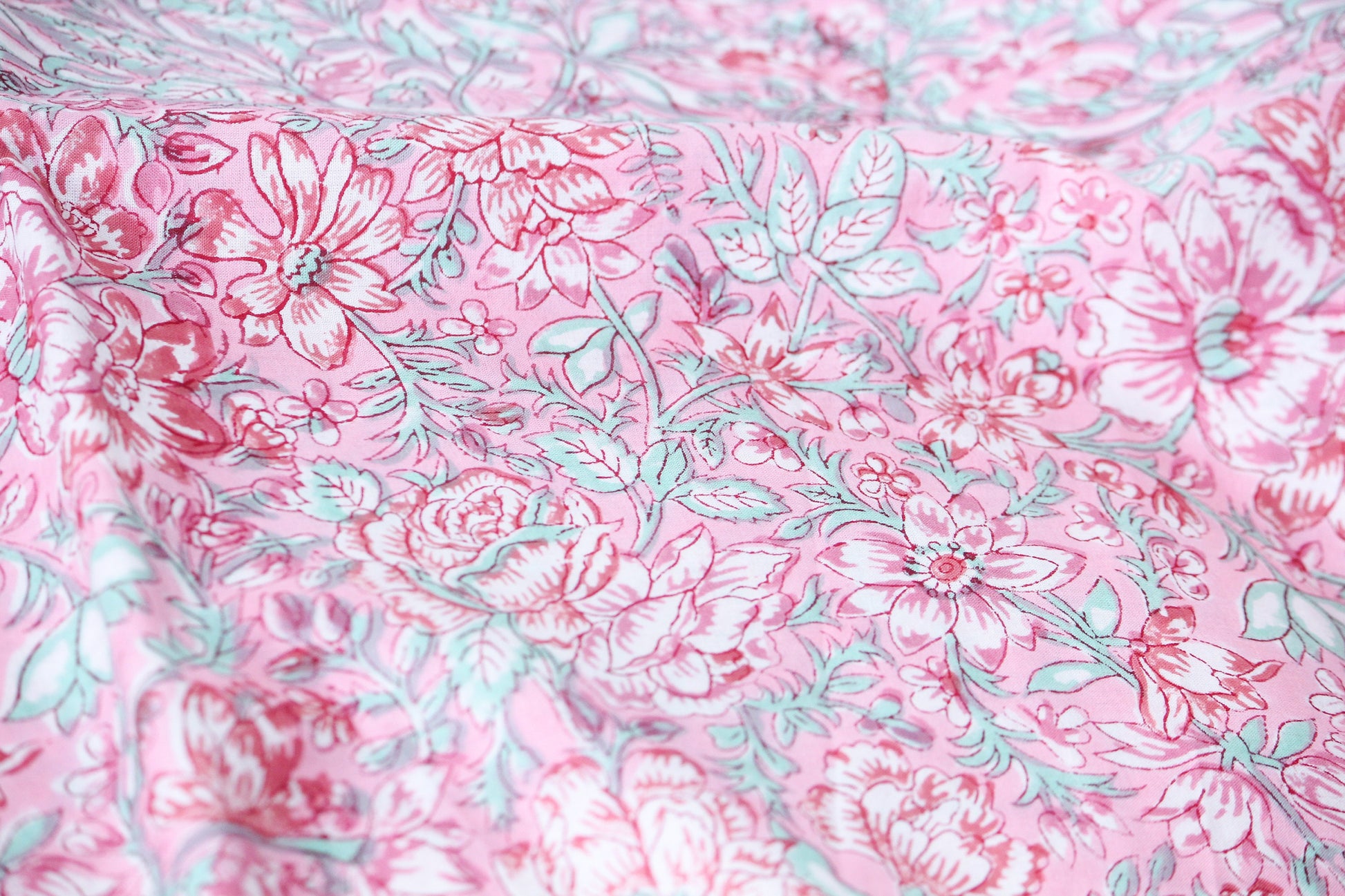 1 yard-Candy pink and aqua floral vines hand printed cotton fabric-bright rose pink with aqua and red foliage kids dress and decor