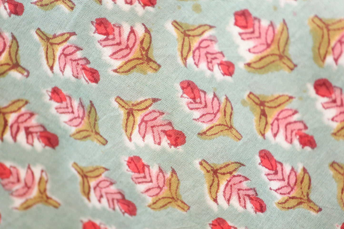 1 yard-Green with red pink small motifs hand printed cotton fabric-peach pink red on green background kids dress/decor/quilting