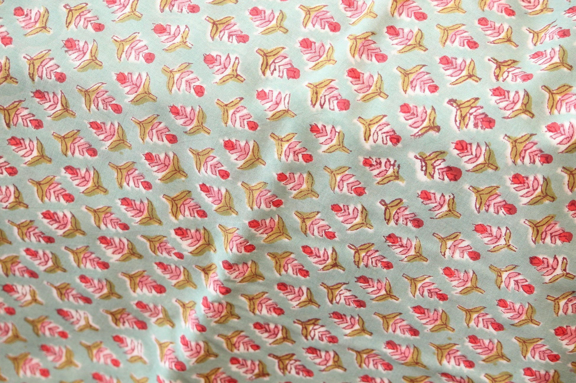 1 yard-Green with red pink small motifs hand printed cotton fabric-peach pink red on green background kids dress/decor/quilting