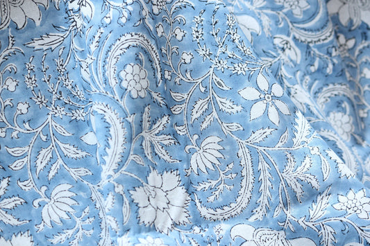 1 yard-Dusty blue floral hand printed cotton voile fabric-light blue print on white background -girls dress fabric/quilting/decor
