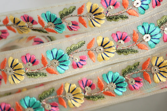 1 yard-Aqua blue and yellow floral thread embroidery ribbon on mesh fabric-Rose pink, green, orange and navy-sequin highlights