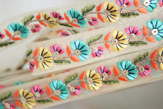 1 yard-Aqua blue and yellow floral thread embroidery ribbon on mesh fabric-Rose pink, green, orange and navy-sequin highlights