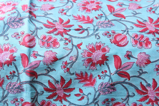 1 yard-Sea aqua blue with red and pink floral hand printed cotton fabric-bright blue fabric with red vines-girls dress fabric/quilting/decor