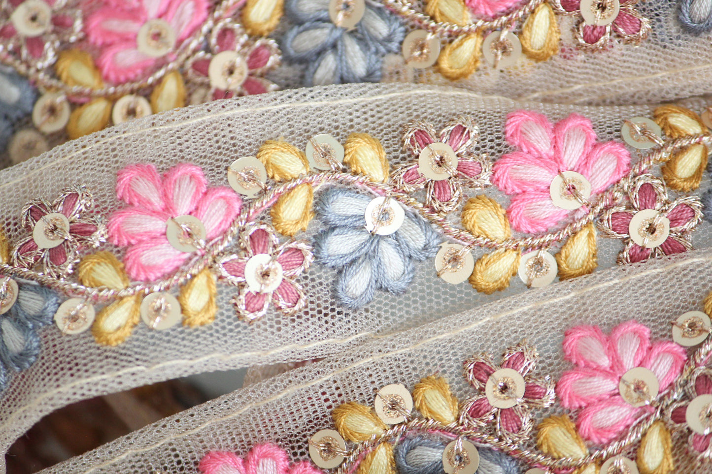 1 yard-Pink Grey floral thread embroidery ribbon on mesh fabric-baby pink and blue grey florals yellow leaf-sequin highlights