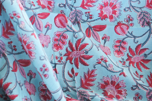 1 yard-Sea aqua blue with red and pink floral hand printed cotton fabric-bright blue fabric with red vines-girls dress fabric/quilting/decor