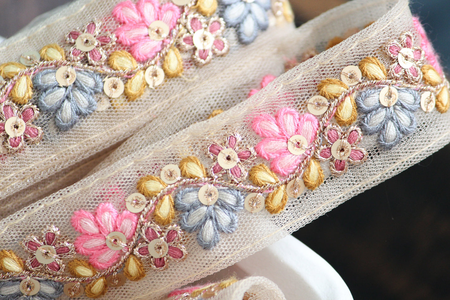 1 yard-Pink Grey floral thread embroidery ribbon on mesh fabric-baby pink and blue grey florals yellow leaf-sequin highlights