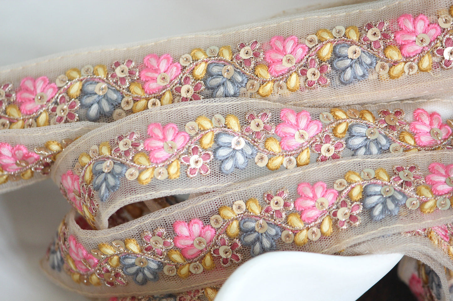 1 yard-Pink Grey floral thread embroidery ribbon on mesh fabric-baby pink and blue grey florals yellow leaf-sequin highlights