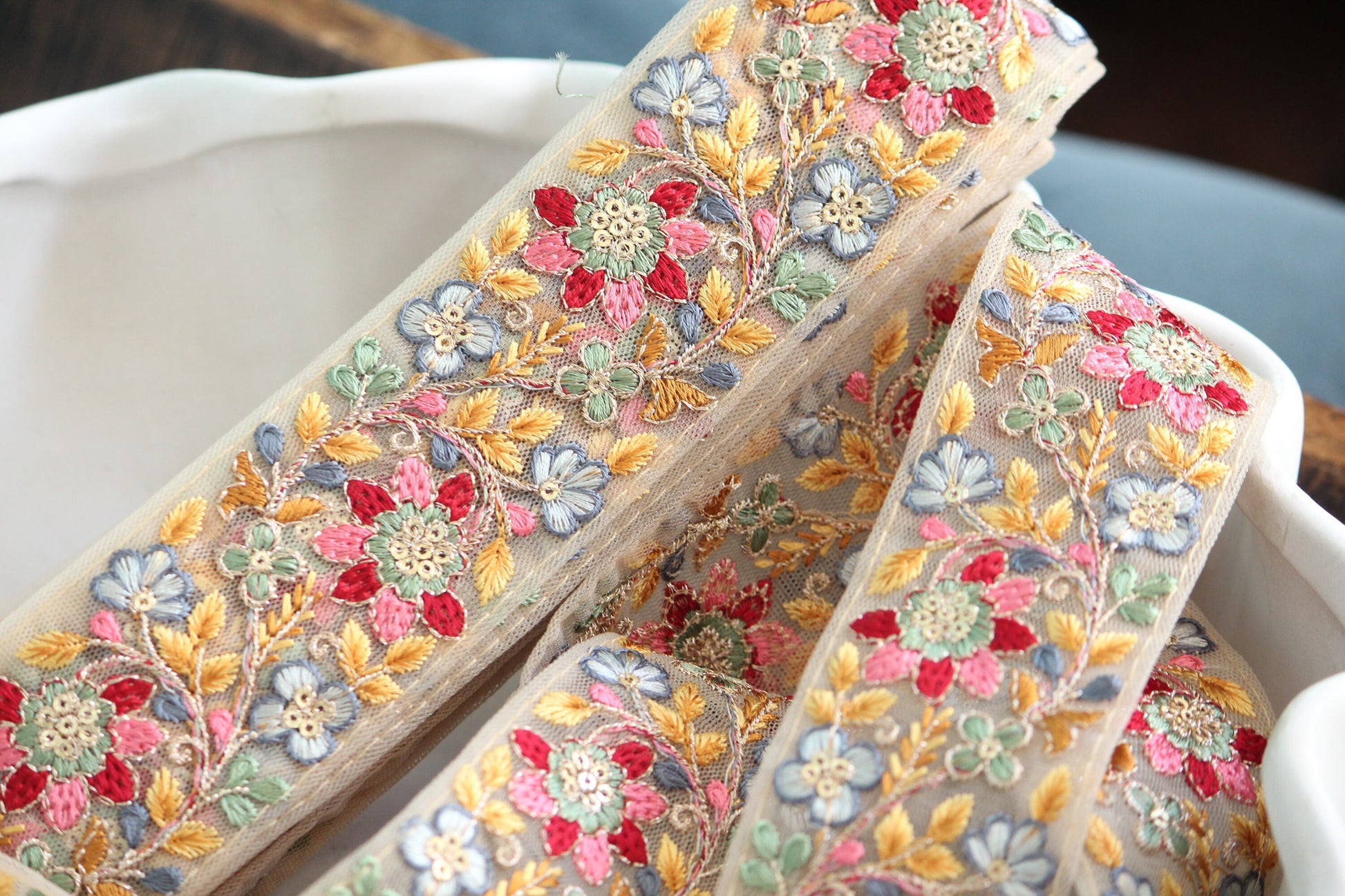 1 yard-Pink Red floral thread embroidery ribbon on mesh fabric-rose pink, red, sky blue, green and ochre yellow-sequin highlights