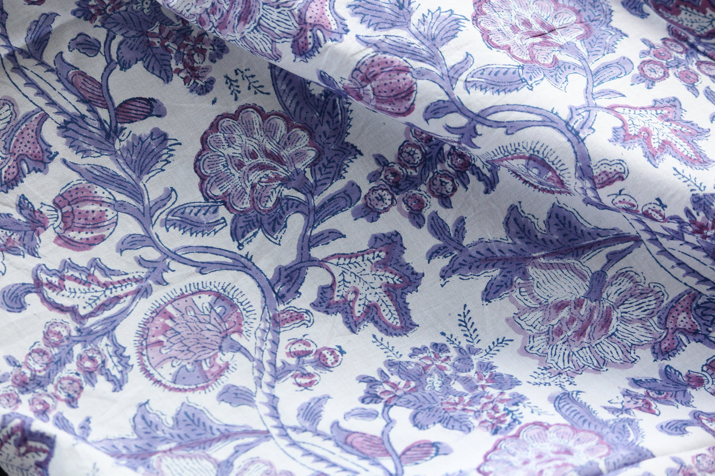 1 yard-Purple and pink floral hand printed cotton fabric-Purple, pink and mauve floral vines -girls dress fabric/quilting/decor