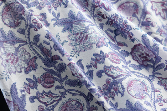 1 yard-Purple and pink floral hand printed cotton fabric-Purple, pink and mauve floral vines -girls dress fabric/quilting/decor