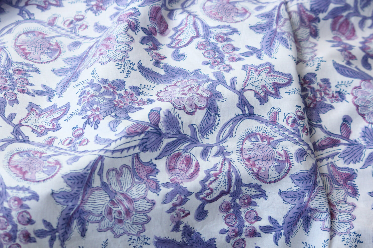 1 yard-Purple and pink floral hand printed cotton fabric-Purple, pink and mauve floral vines -girls dress fabric/quilting/decor