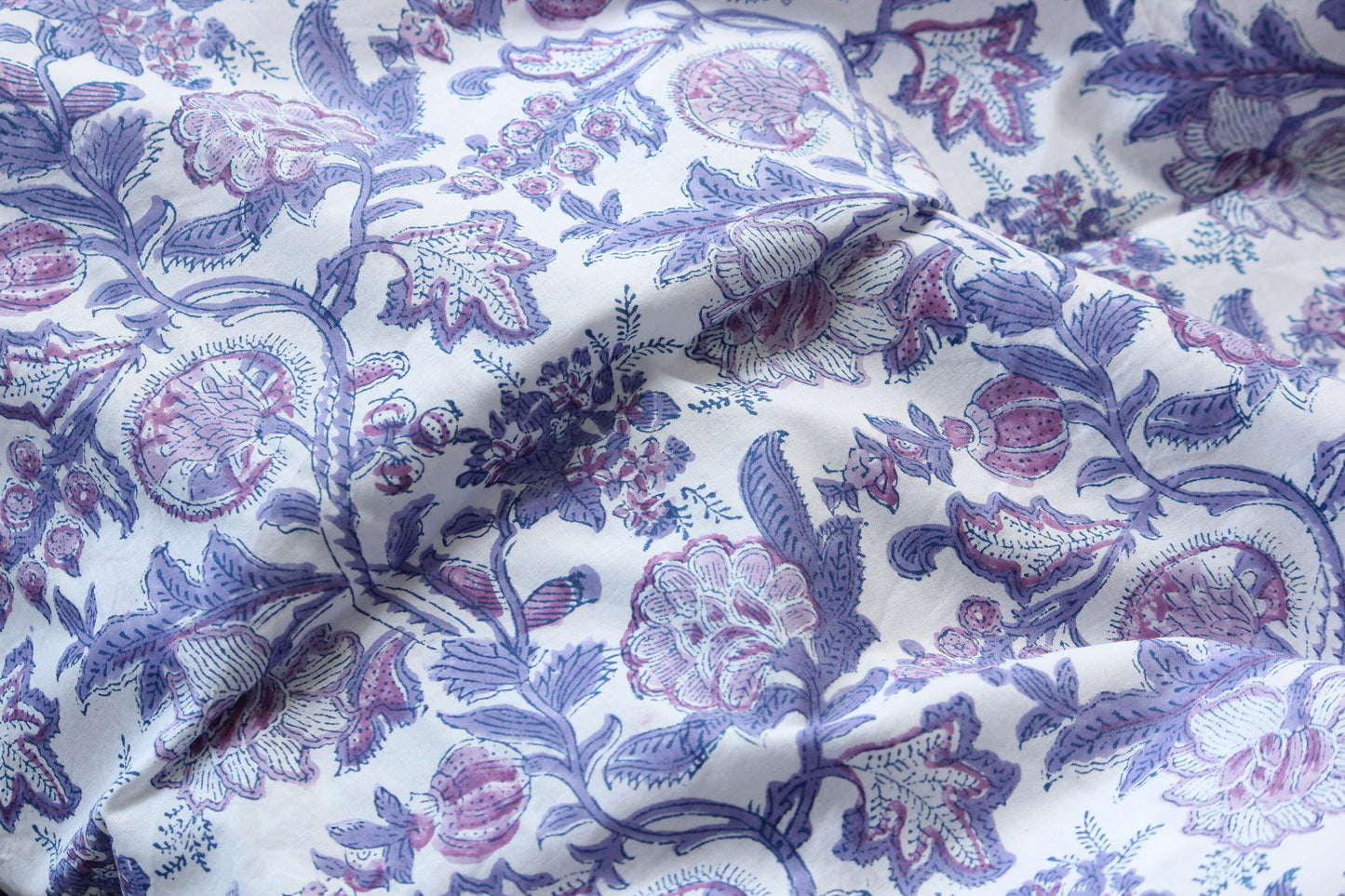 1 yard-Purple and pink floral hand printed cotton fabric-Purple, pink and mauve floral vines -girls dress fabric/quilting/decor