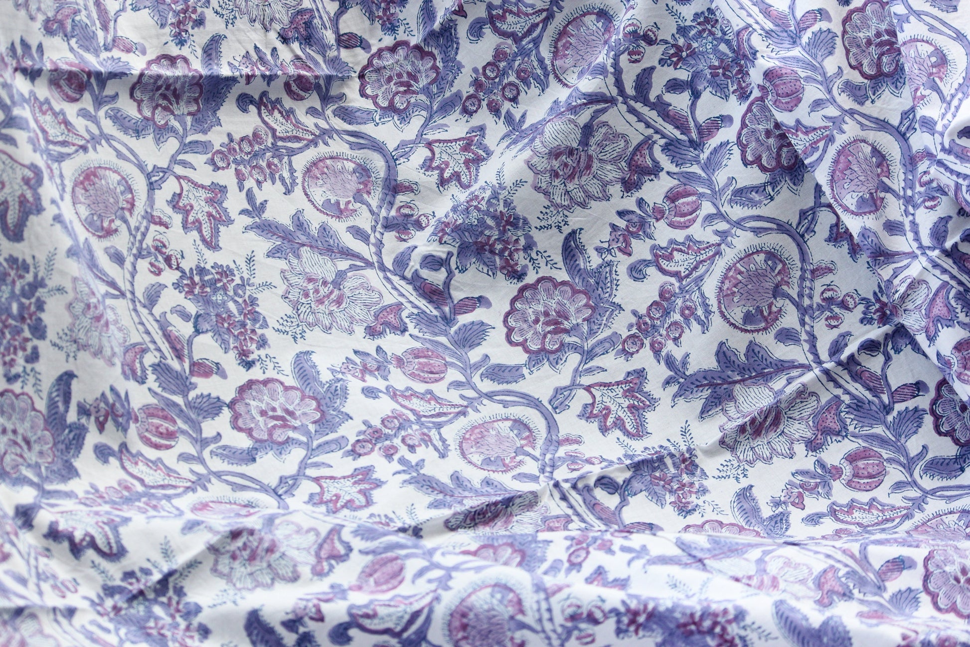 1 yard-Purple and pink floral hand printed cotton fabric-Purple, pink and mauve floral vines -girls dress fabric/quilting/decor