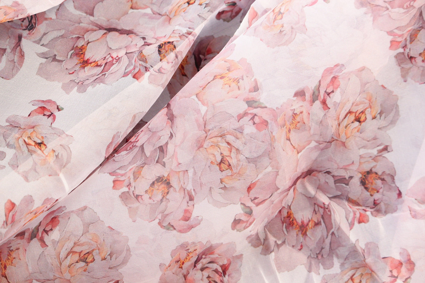 1 yard-White organza fabric by the yard-watercolor look roses printed organza fabric-floral fabric-print beige pink blush roses-sheer fabric