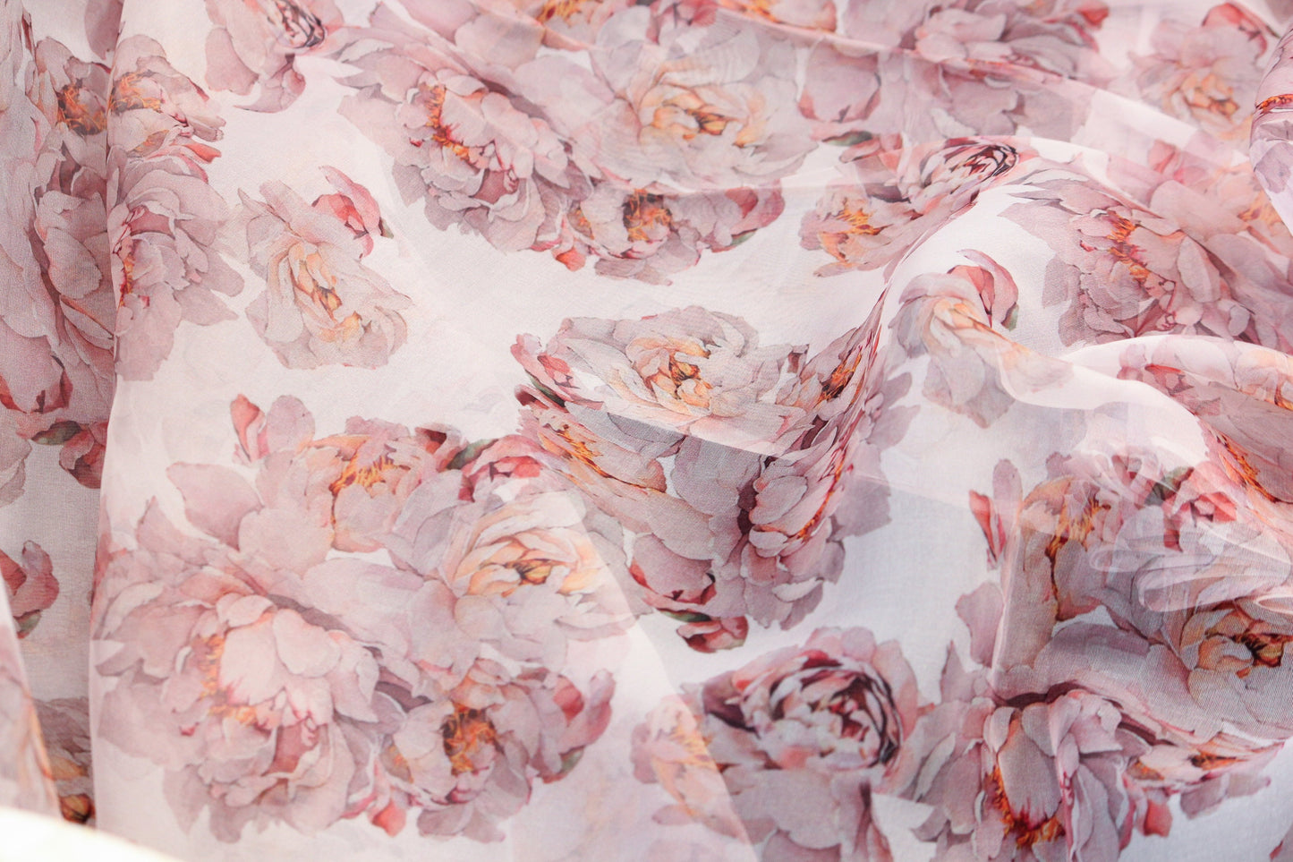 1 yard-White organza fabric by the yard-watercolor look roses printed organza fabric-floral fabric-print beige pink blush roses-sheer fabric