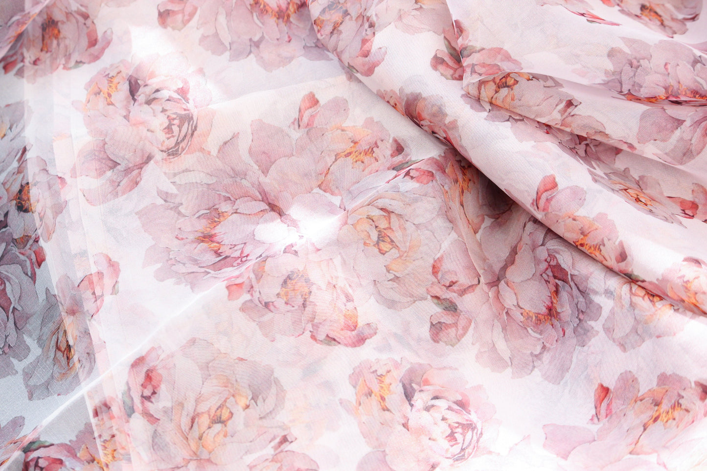 1 yard-White organza fabric by the yard-watercolor look roses printed organza fabric-floral fabric-print beige pink blush roses-sheer fabric