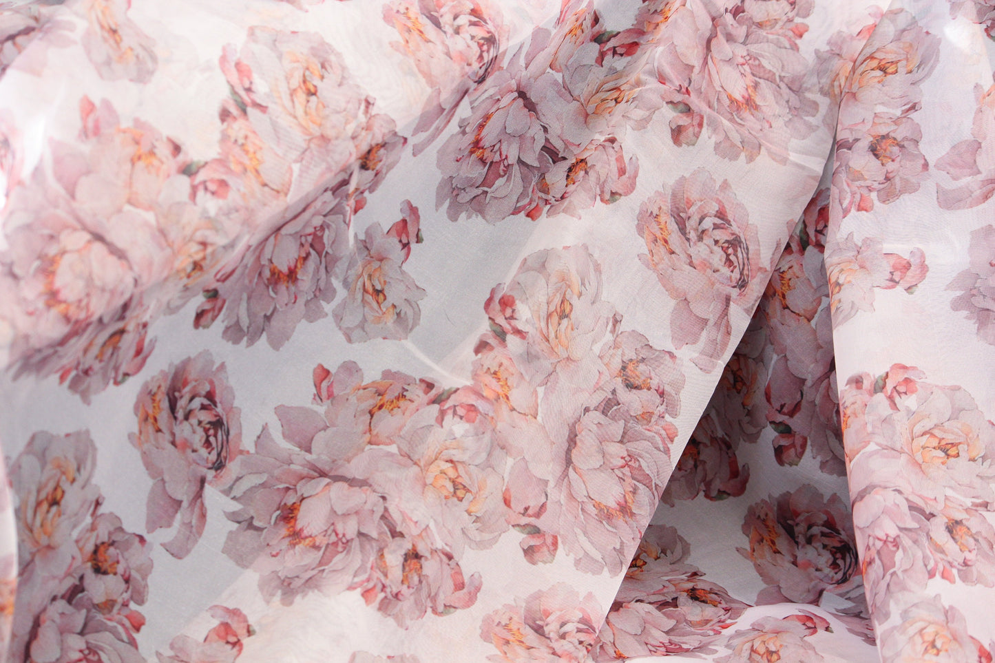 1 yard-White organza fabric by the yard-watercolor look roses printed organza fabric-floral fabric-print beige pink blush roses-sheer fabric