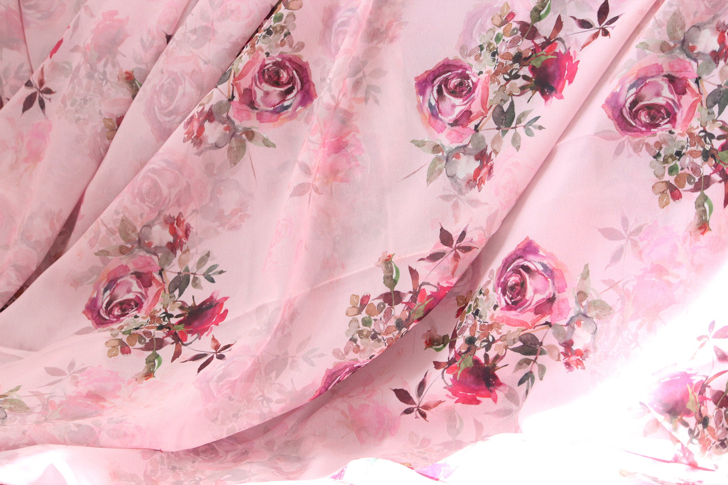 1 yard-Blush pink chiffon-Gorgeous watercolor look roses printed organza fabric-floral fabric-bridesmaid fabric-lingerie chiffon print