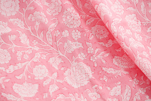 1 yard-Candy pink floral hand printed cotton fabric-Monotone pink and white floral vines -girls dress fabric/quilting/decor