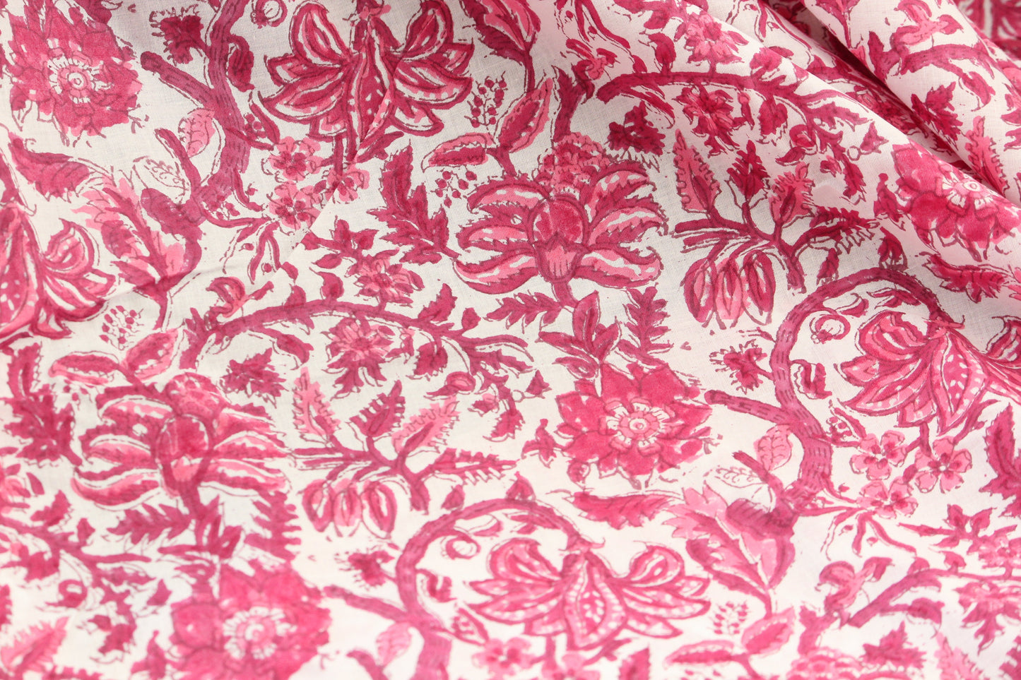 1 yard-fuchsia and red floral hand printed cotton fabric-Monotone pink red floral vines on white background-girls dress fabric-quilting