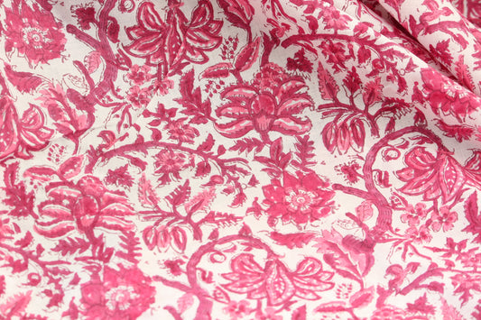 1 yard-fuchsia and red floral hand printed cotton fabric-Monotone pink red floral vines on white background-girls dress fabric-quilting