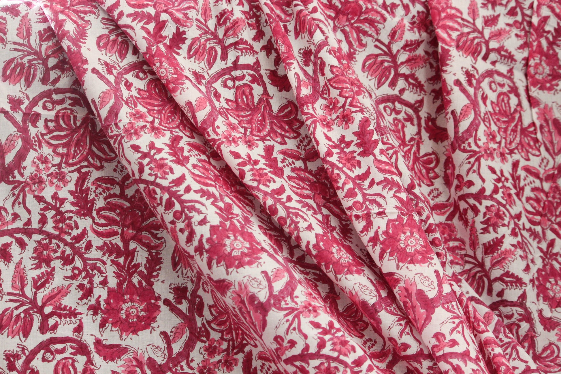 1 yard-fuchsia and red floral hand printed cotton fabric-Monotone pink red floral vines on white background-girls dress fabric-quilting