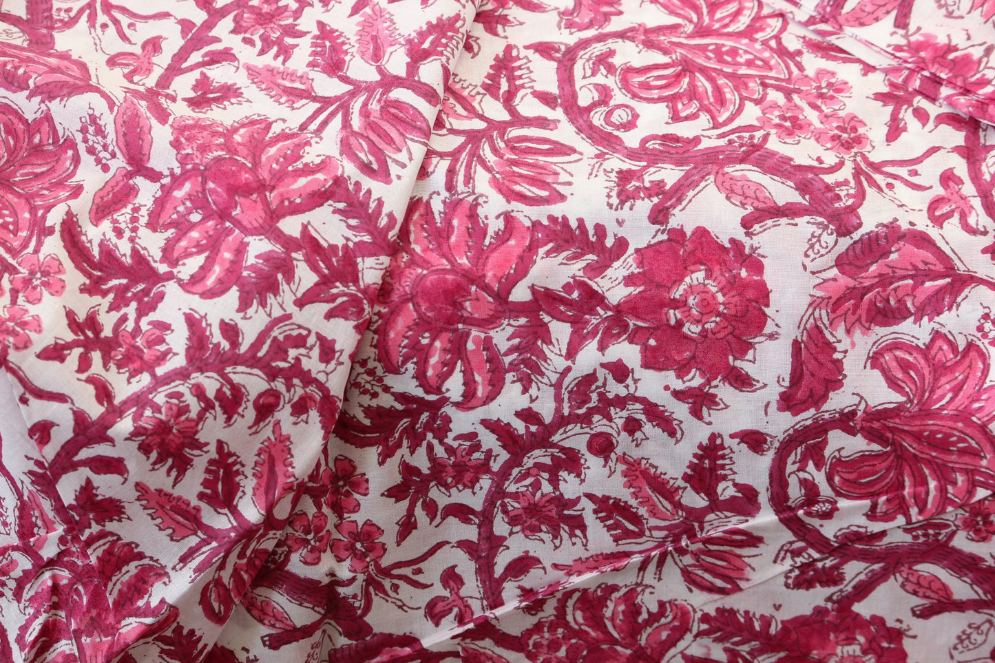 1 yard-fuchsia and red floral hand printed cotton fabric-Monotone pink red floral vines on white background-girls dress fabric-quilting