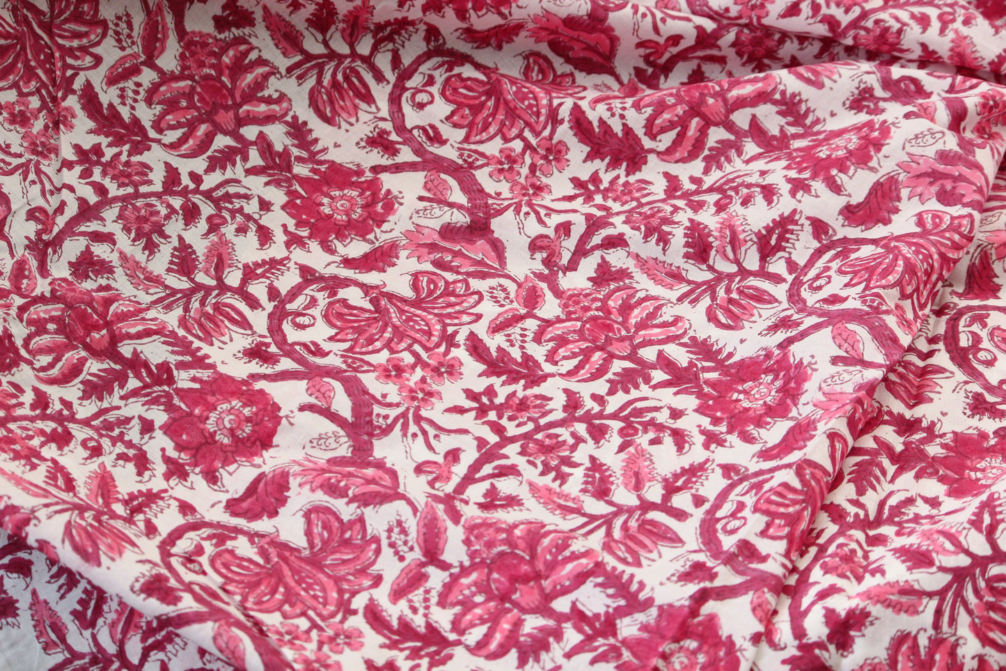 1 yard-fuchsia and red floral hand printed cotton fabric-Monotone pink red floral vines on white background-girls dress fabric-quilting