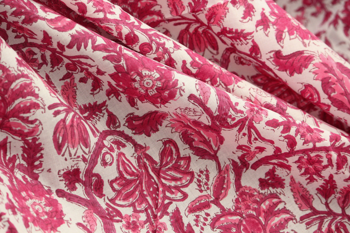 1 yard-fuchsia and red floral hand printed cotton fabric-Monotone pink red floral vines on white background-girls dress fabric-quilting